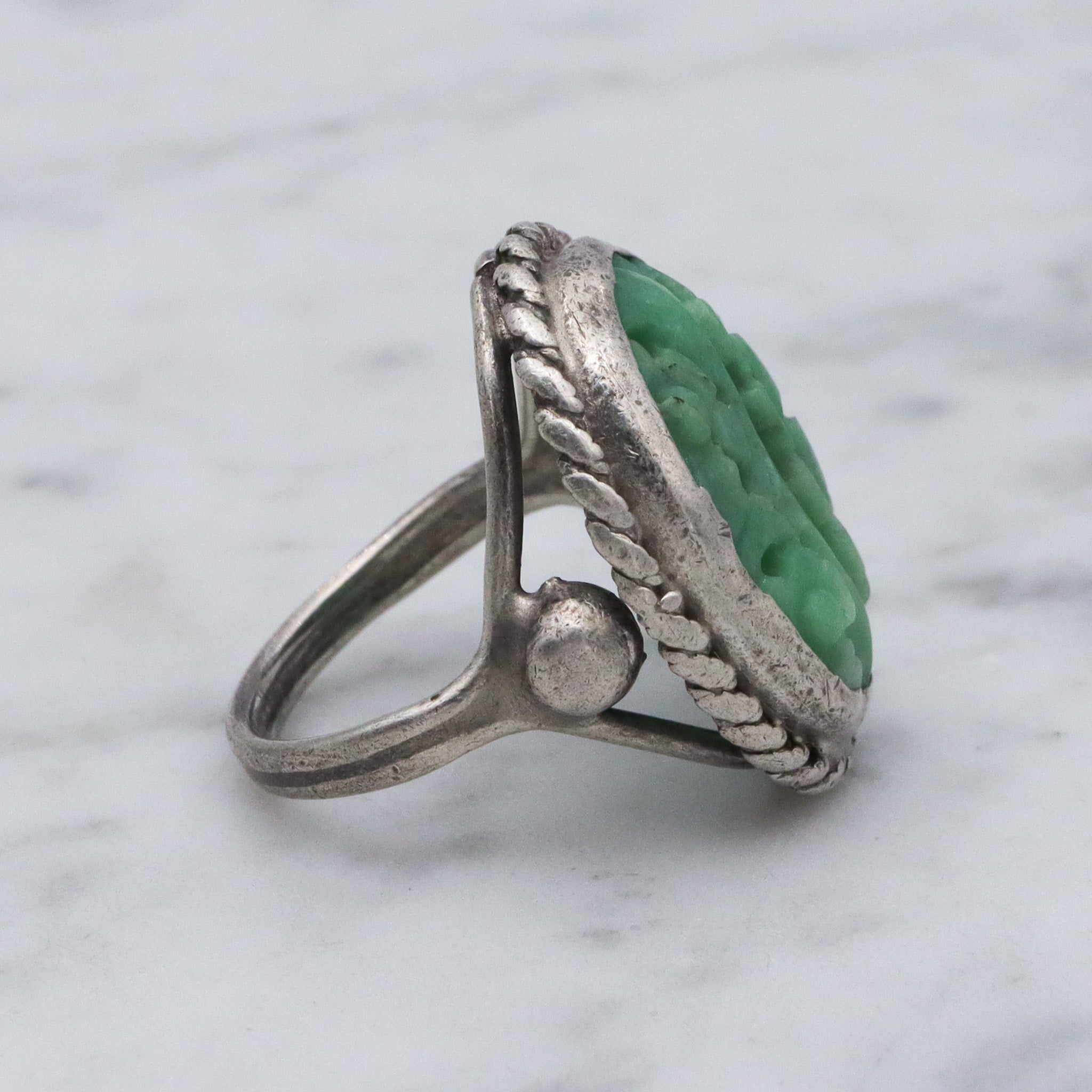 Antique Asian carved jade sterling silver ring, sz 6.75
